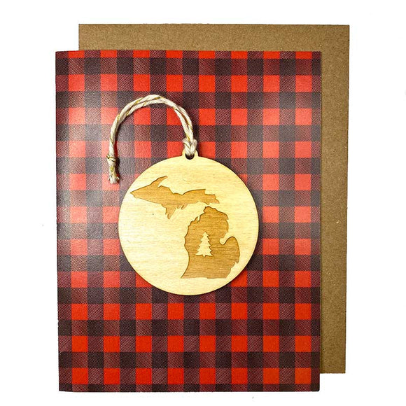 Photograph of Laser-engraved Michigan Tree Ornament with Card