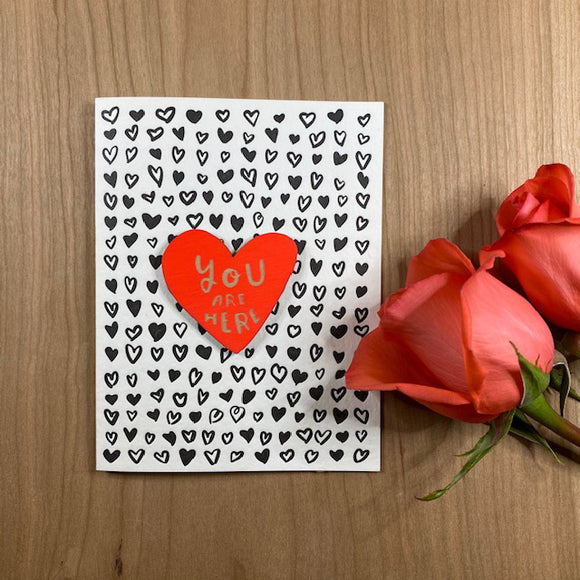 'You Are Here' Letterpress Card with Laser-engraved Heart Magnet