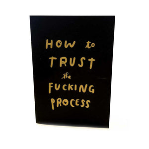 This is a small black paperback book, the image is of the cover, which says in a handwritten font "how to trust the fucking process" and is printed in gold. The image is on a white background.