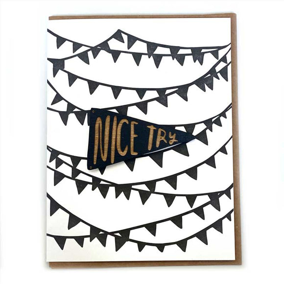 Laser-engraved 'Nice Try' Pennant Magnet with Card